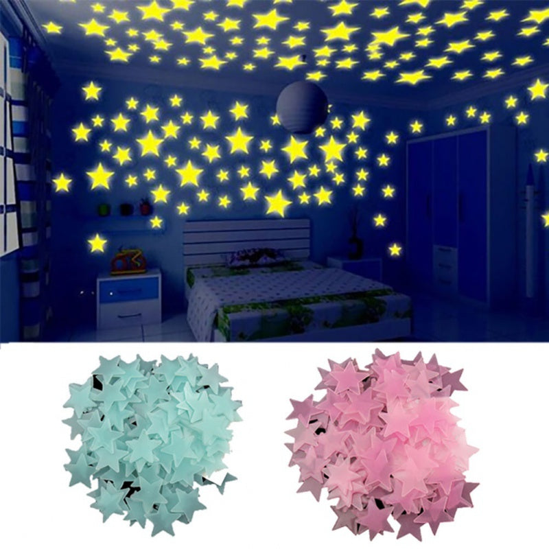 Decalques de Parede e Teto para Quarto de Crianças, 100 Peças de Cinco Pontos, Estrela que Brilha no Escuro, 3D, Fluorescente luminosa