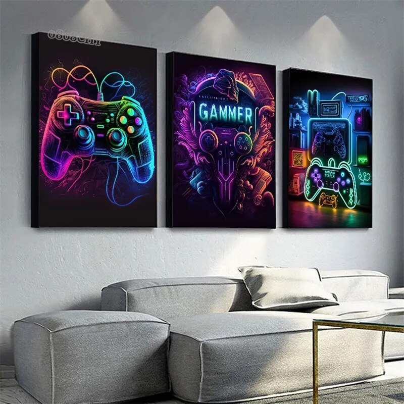 Quadros Decorativos, (Kit 3 Peças) Grande Gamer Para Quarto, 4K, MDF, 3MM