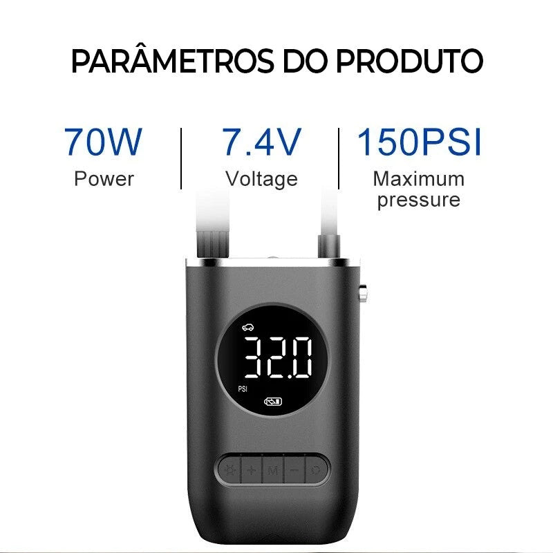 Mini Compressor de Ar Portátil, Recarregavél, Digital, USB - Calibrador de Pneu