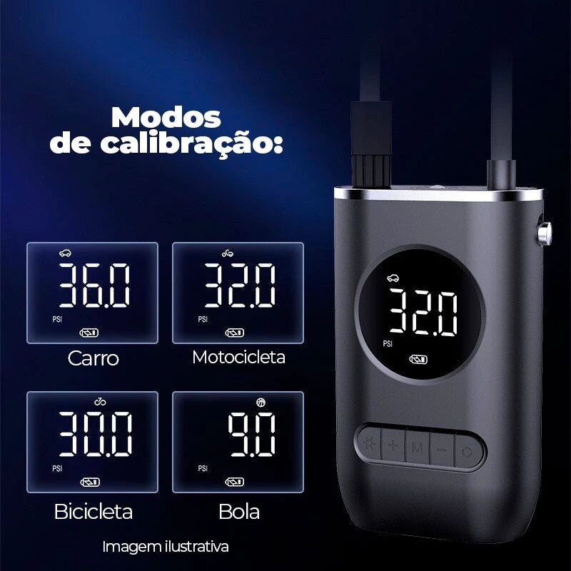 Mini Compressor de Ar Portátil, Recarregavél, Digital, USB - Calibrador de Pneu