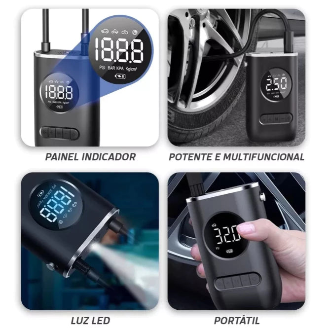 Mini Compressor de Ar Portátil, Recarregavél, Digital, USB - Calibrador de Pneu