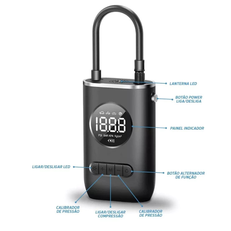 Mini Compressor de Ar Portátil, Recarregavél, Digital, USB - Calibrador de Pneu