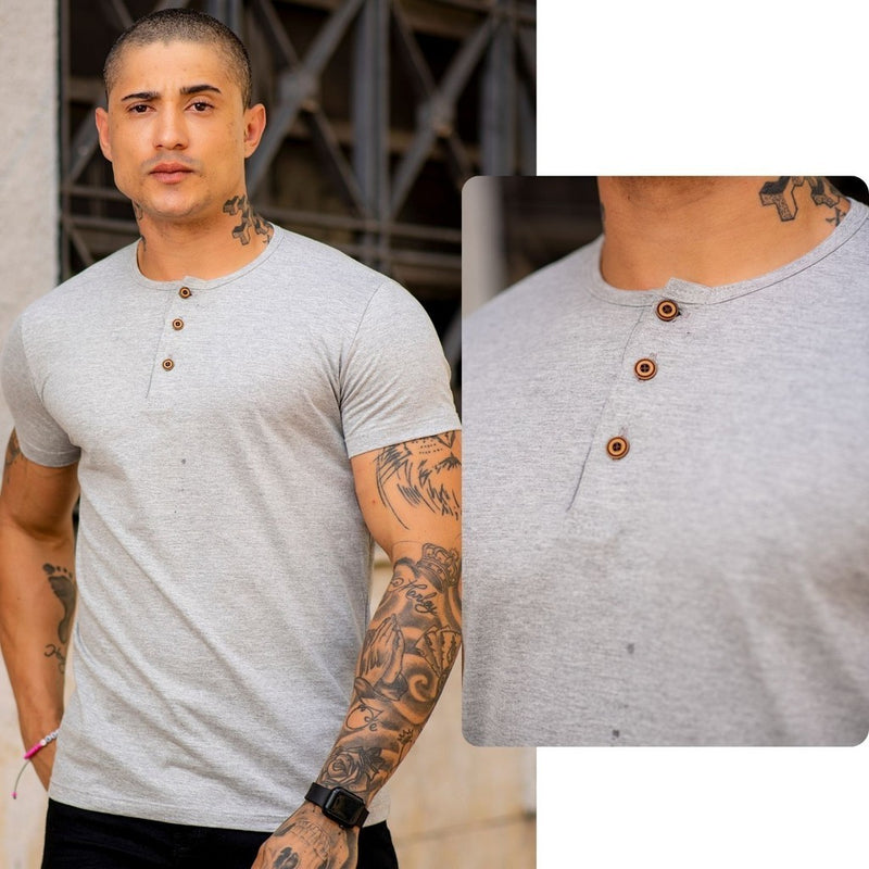 Camiseta Masculina Henley - Gola Padre c/ 3 Botões