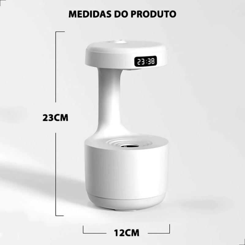 Umidificador de Ar, Difusor Anti Gravidade, Gotas de Água que Sobem, Relógio Digital, Luz em Led, Bivolt 110/220v